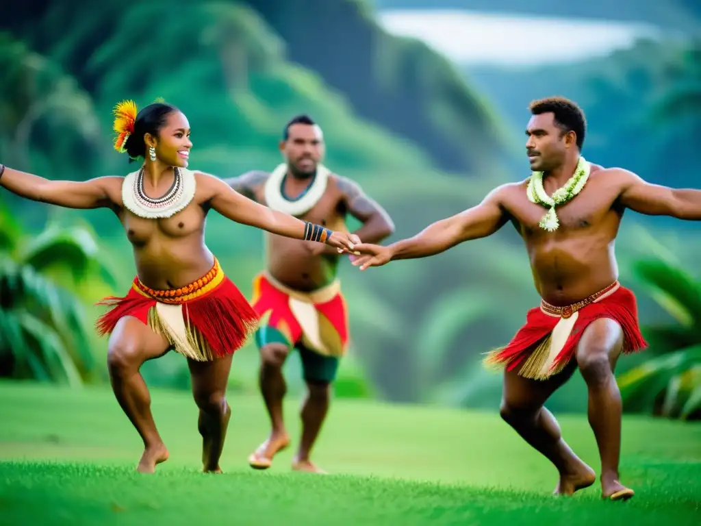 Grupo de bailarines fijianos danzando el Meke Fijiano en un paisaje tropical exuberante, mostrando su significado cultural