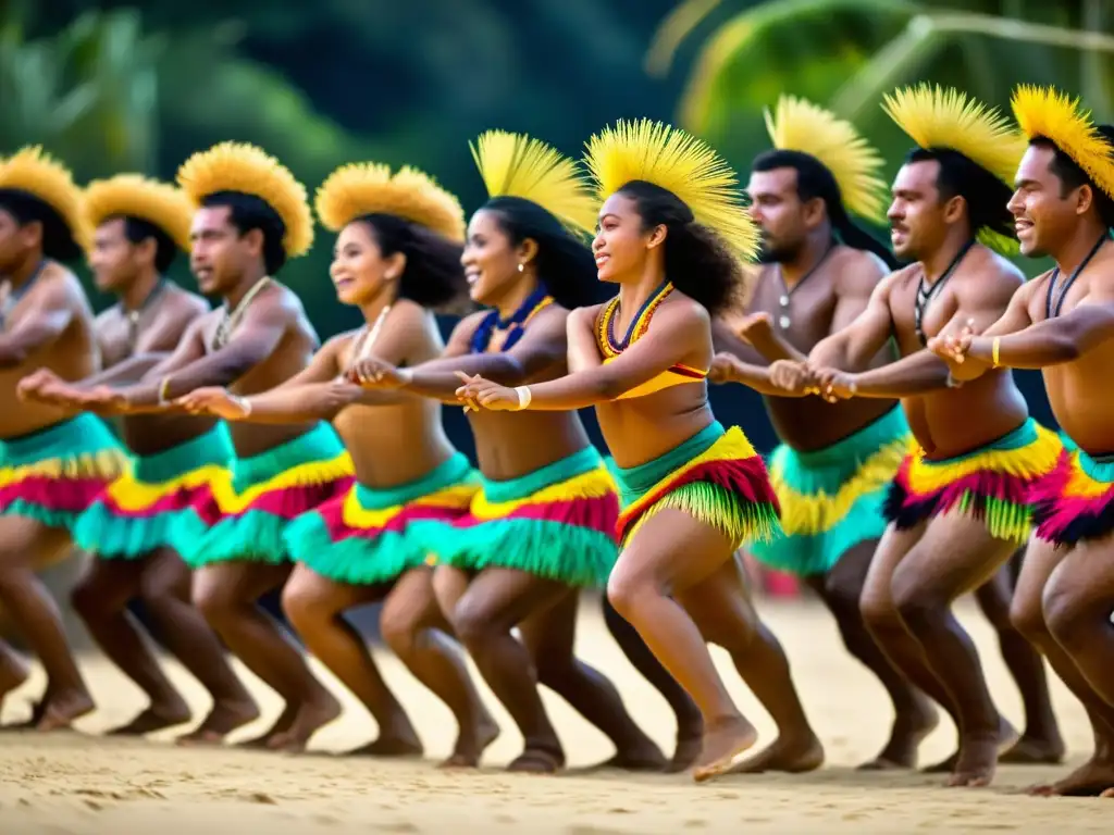 Grupo de bailarines fijianos interpretando el Meke de Fiji con pasión y tradición, envueltos en trajes vibrantes y movimientos dinámicos