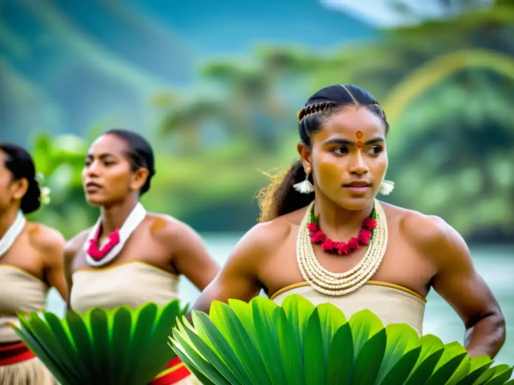 Grupo de bailarines fijianos ejecutando el tradicional Meke, con expresiones de orgullo cultural y energía vibrante