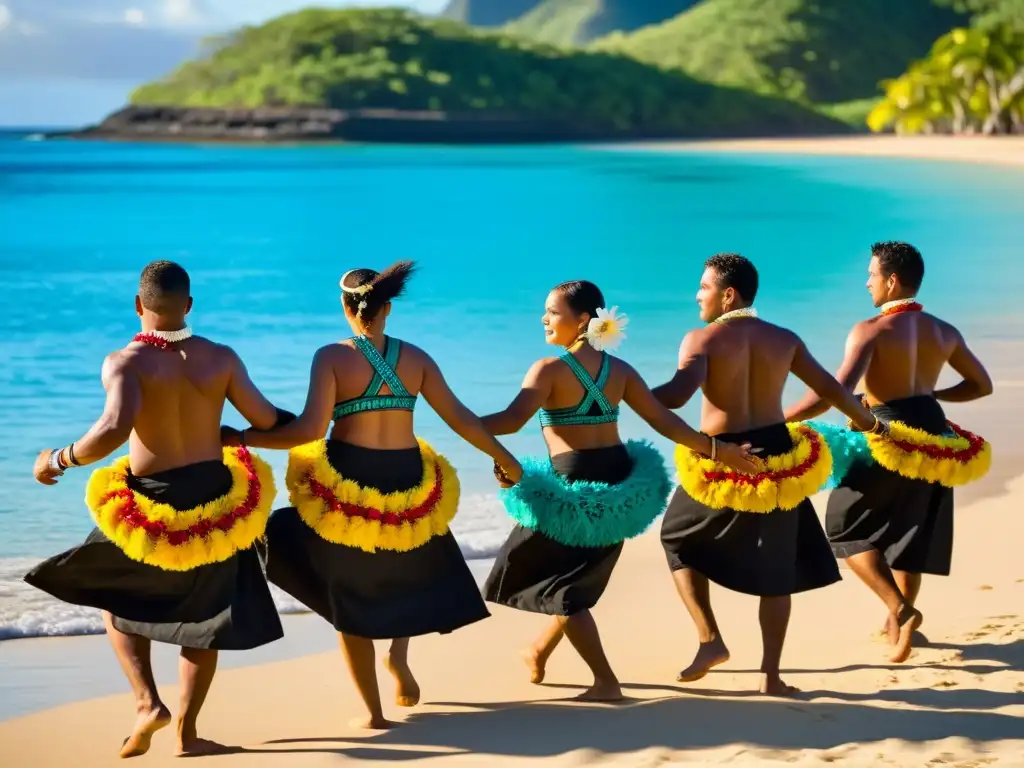 Grupo de bailarines fijianos realiza el tradicional Meke en la playa al atardecer, reflejando el significado cultural del Meke Fijiano