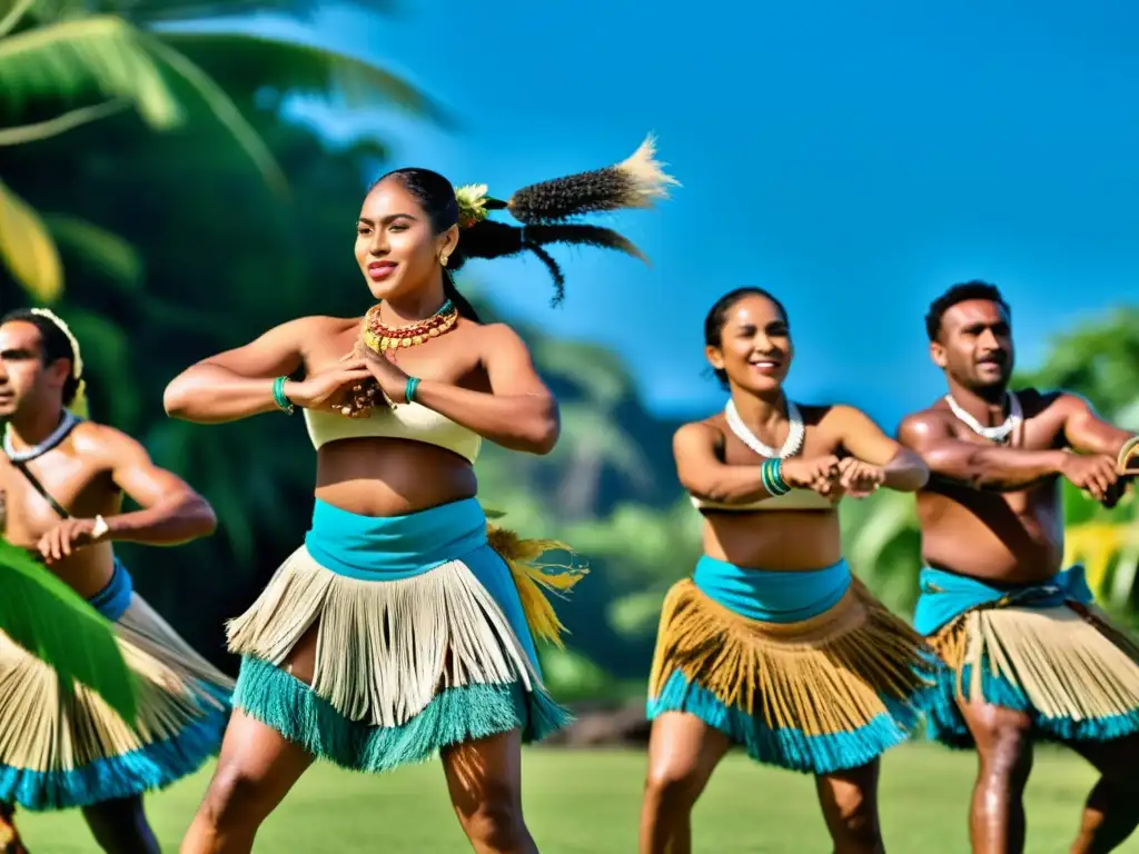 Un grupo de bailarines fijianos realiza la tradicional danza del Lali con movimientos coordinados y energía vibrante