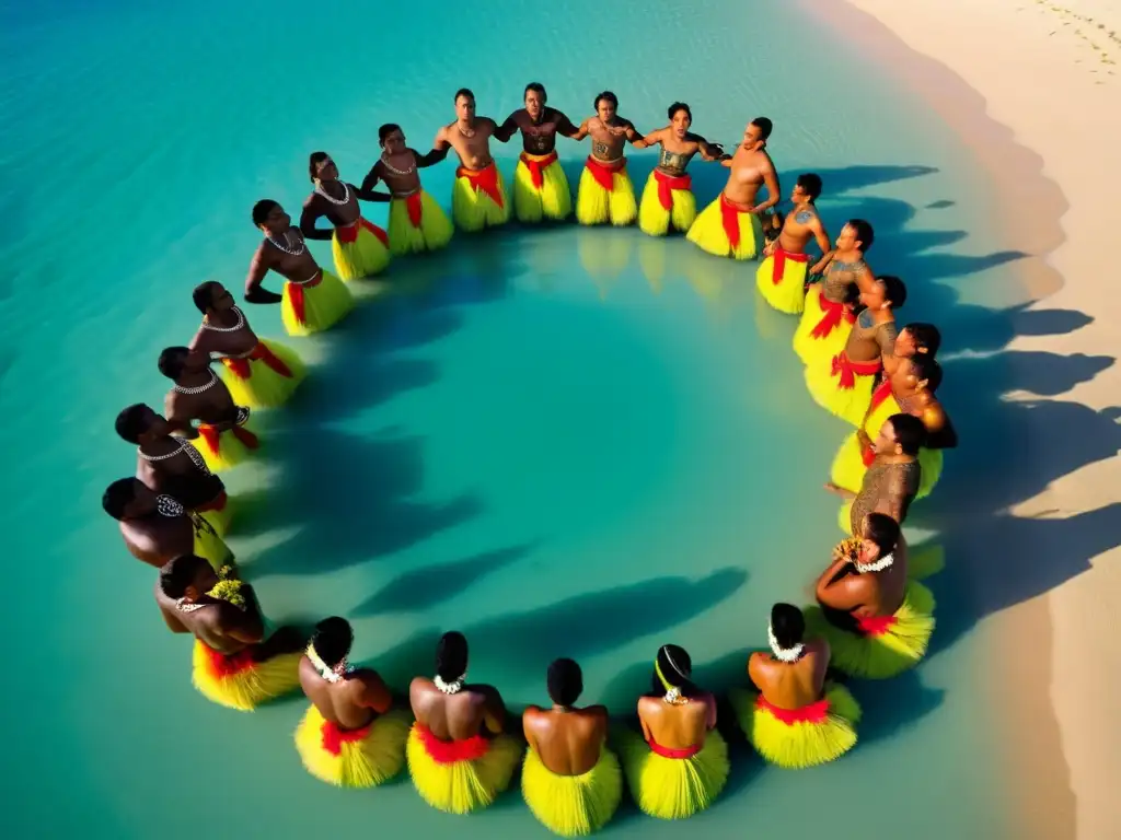 Un grupo de bailarines fijianos ejecutando el tradicional Meke en la playa al atardecer