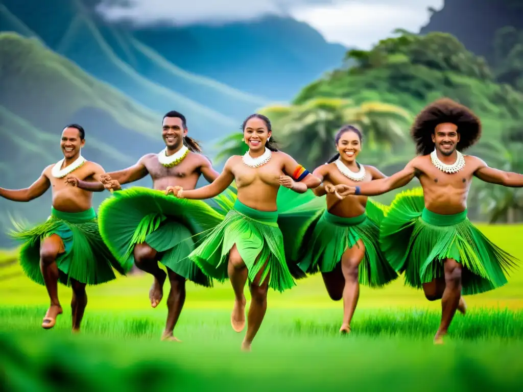 Grupo de bailarines fijianos en trajes tradicionales realizando danzas fijianas en un paisaje exuberante