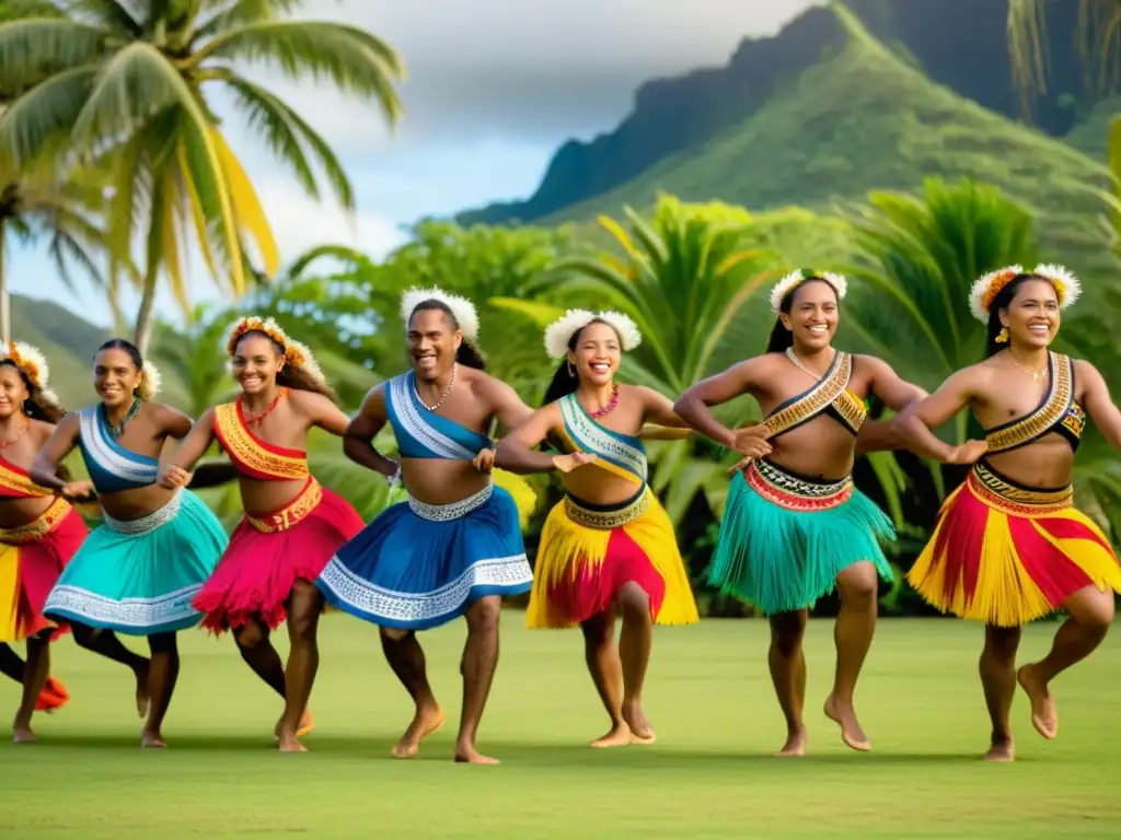 Grupo de bailarines fijianos en trajes vibrantes ejecutando el Ula dance, rodeados de admiradores