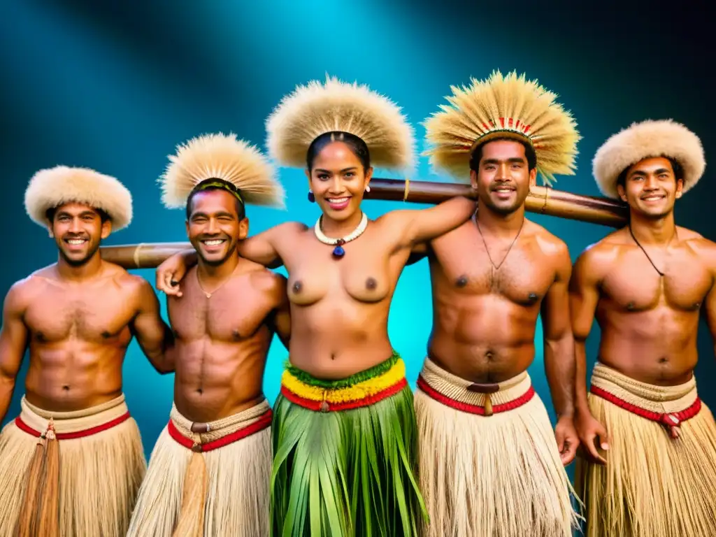 Grupo de bailarines fijianos en trajes tradicionales con lalis, coordinados en la Danza del Lali de Fiyi, expresando orgullo y alegría cultural