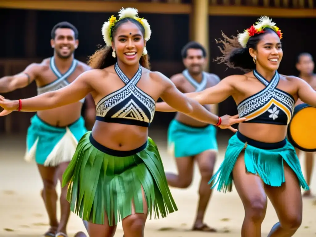 Grupo de bailarines fijianos con trajes tradicionales, danzando al ritmo de los tambores lali