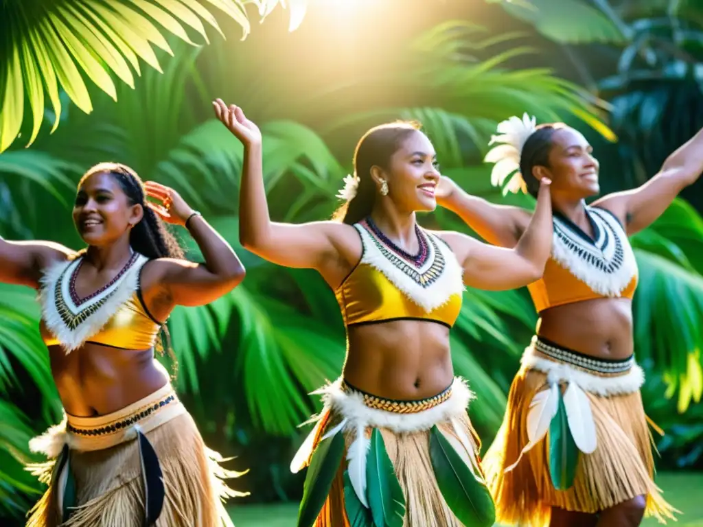 Un grupo de bailarines fijianos vistiendo trajes tradicionales con diseños vibrantes y plumas, realizando una danza