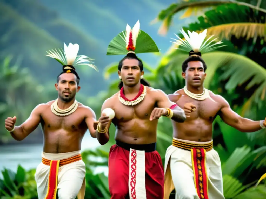 Grupo de bailarines fijianos en trajes tradicionales realizando la danza Meke en un paisaje tropical exuberante