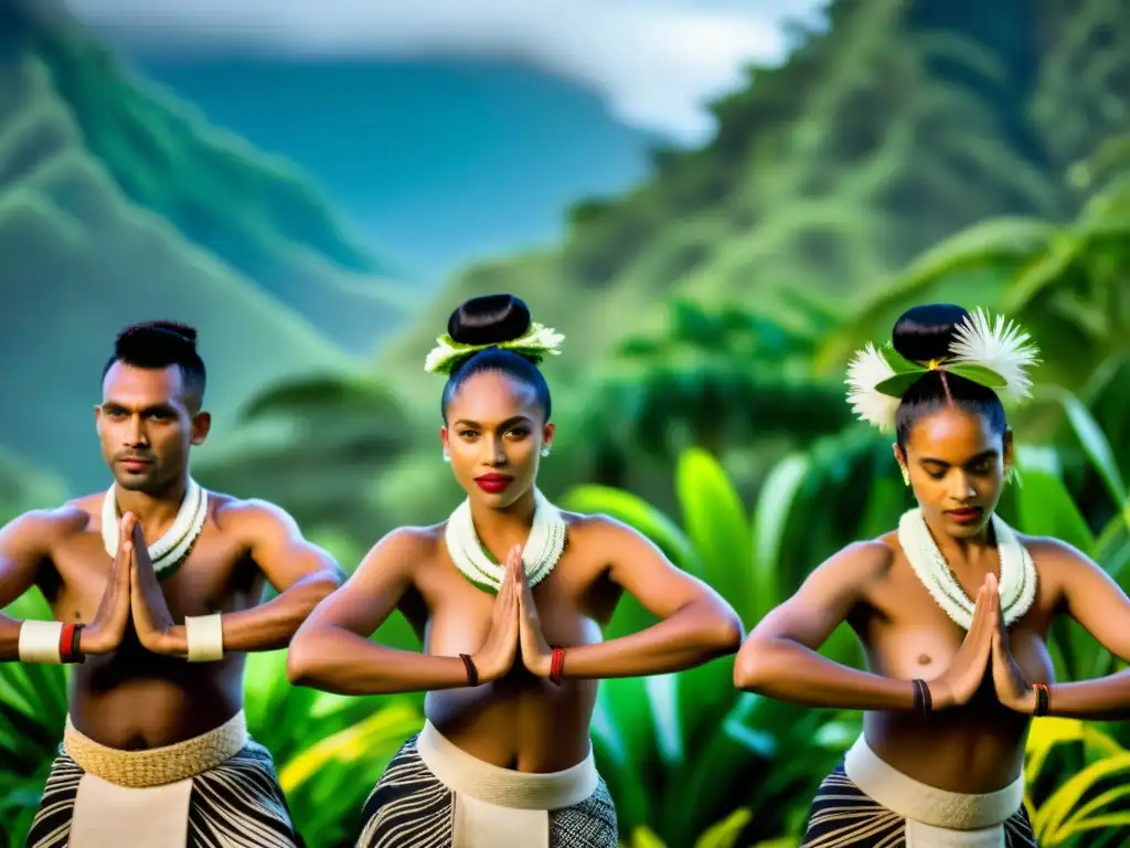 Un grupo de bailarines fijianos en trajes tradicionales ejecutando una danza sincronizada y elegante en un exuberante paisaje tropical