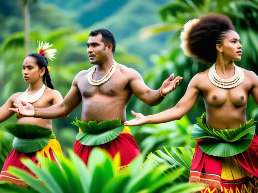 Grupo de bailarines fijianos en trajes tradicionales, realizando danza ceremonial en un entorno natural exuberante