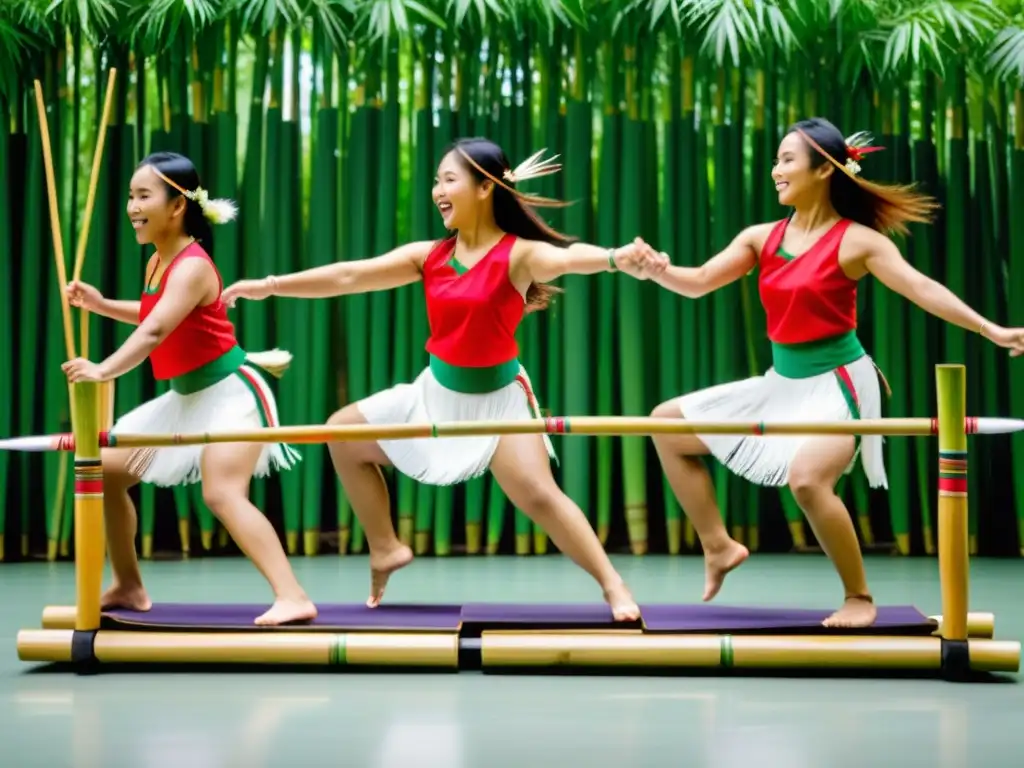 Grupo de bailarines filipinos realizando la ágil y rítmica danza del Tinikling, con movimientos capturados en una pose dinámica y cautivadora