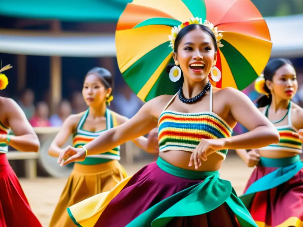 Un grupo de bailarines filipinos ejecutando una danza folclórica, ataviados con trajes vibrantes y tocando instrumentos insólitos en danzas filipinas