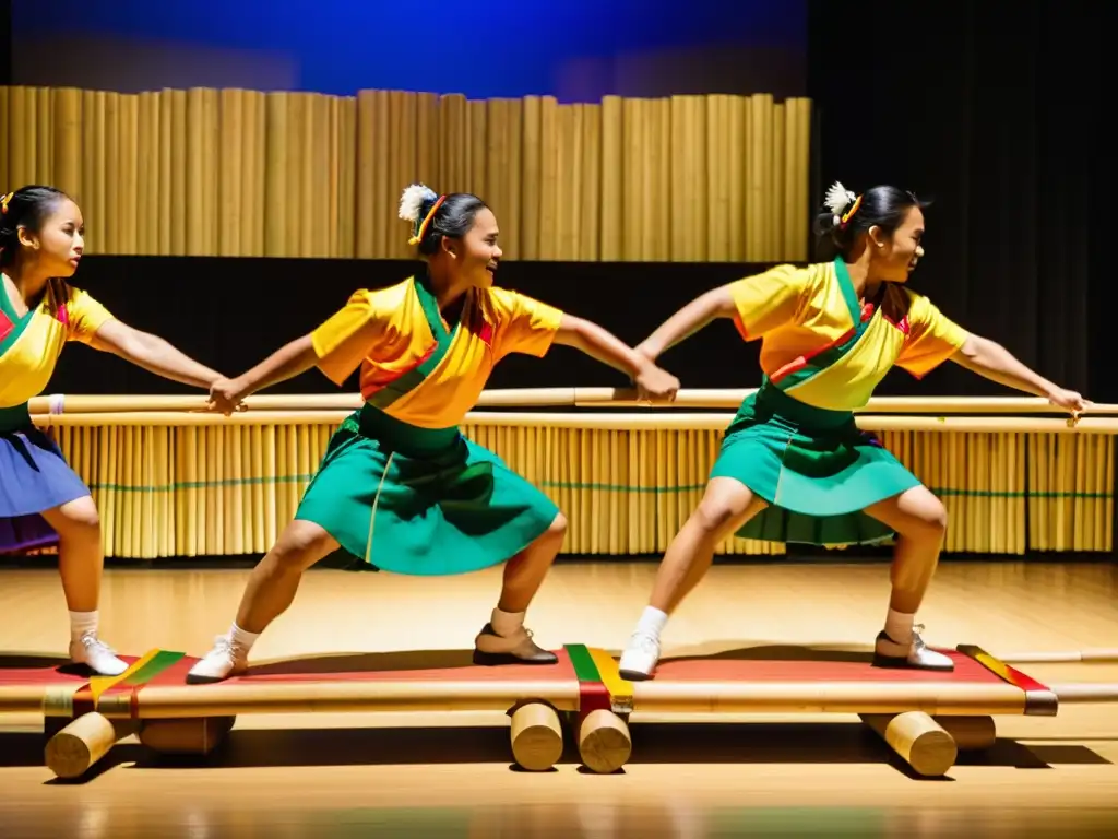 Grupo de bailarines filipinos ejecutando el dinámico Tinikling, mostrando agilidad y precisión en sus movimientos