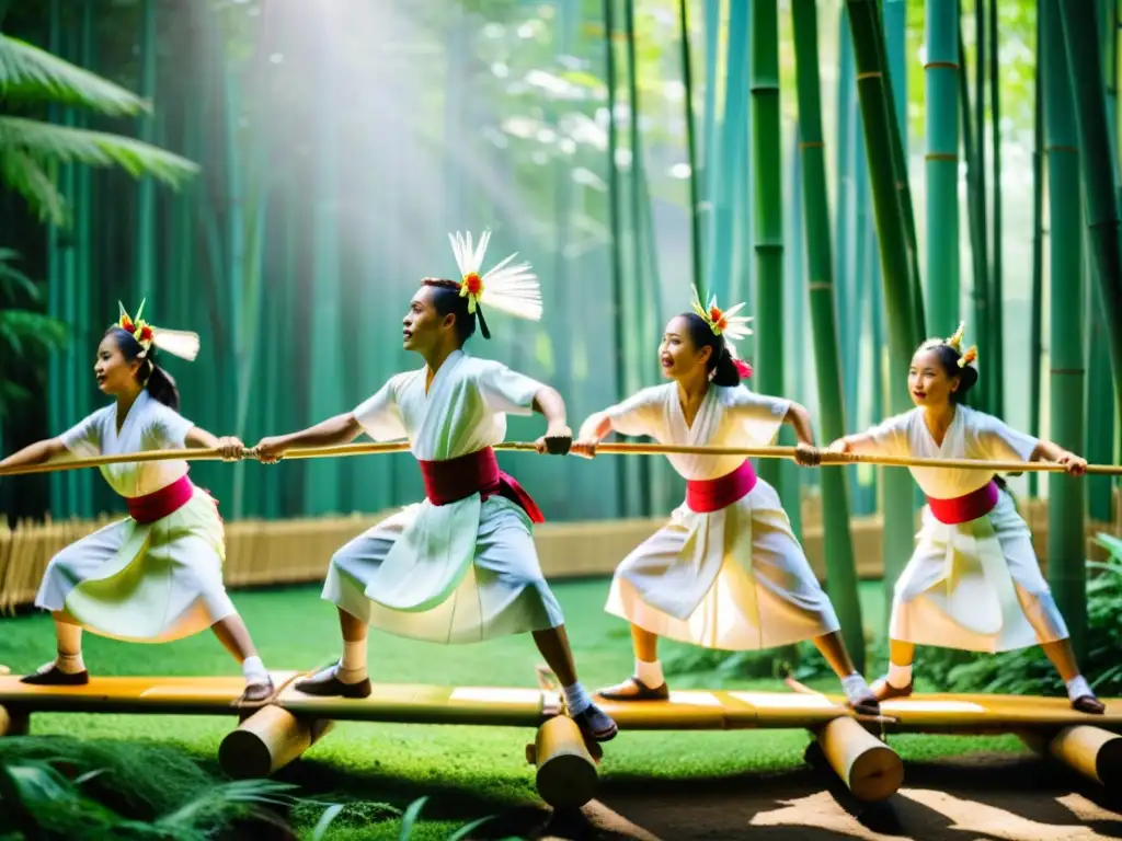 Grupo de bailarines filipinos realiza la grácil danza del Tinikling en el exuberante bosque