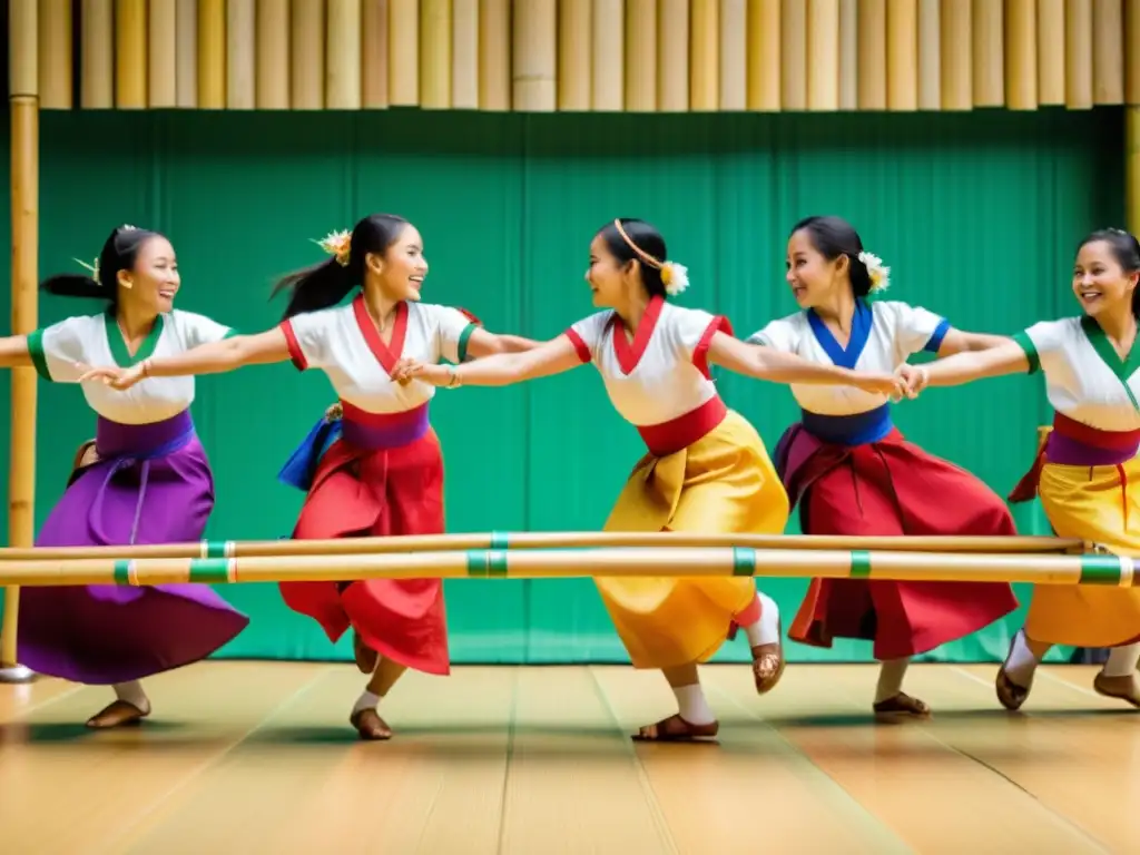 Un grupo de bailarines filipinos ejecuta el Tinikling con gracia y destreza, vistiendo trajes tradicionales coloridos