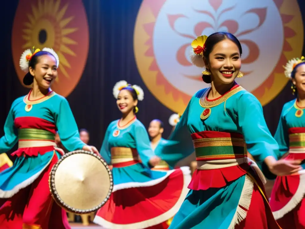 Grupo de bailarines filipinos con trajes tradicionales vibrantes danzando al ritmo del ensamble de gong en danza, transmitiendo alegría y cultura