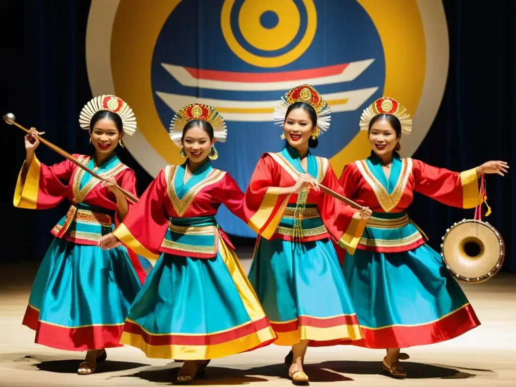 Grupo de bailarines filipinos con trajes vibrantes danzando al ritmo de instrumentos insólitos en danzas filipinas