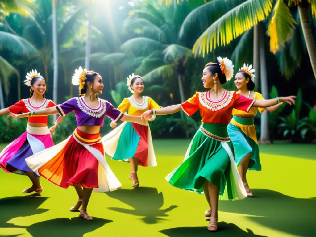 Un grupo de bailarines filipinos viste trajes tradicionales y ejecuta una danza folclórica