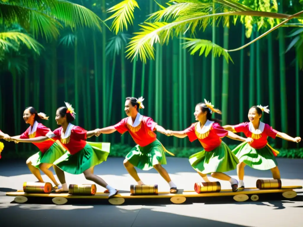 Grupo de bailarines filipinos en trajes tradicionales vibrantes, ejecutando el enérgico baile Tinikling entre exuberante vegetación
