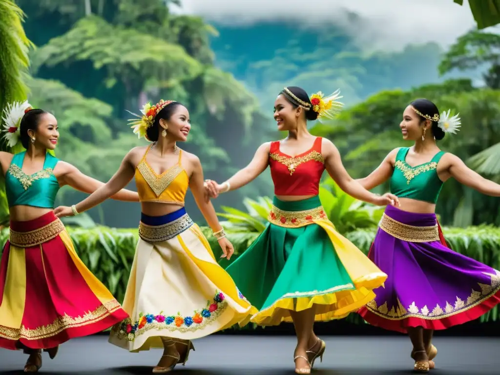 Grupo de bailarines filipinos en trajes tradicionales realizando una danza elegante en un entorno natural exuberante