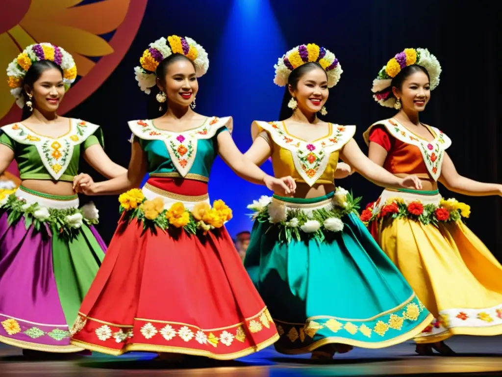 Grupo de bailarines filipinos en trajes nacionales, danza tradicional y adornos florales coloridos