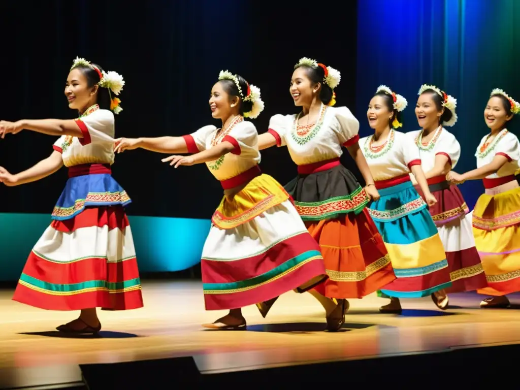 Un grupo de bailarines filipinos viste trajes tradicionales, ejecutando con gracia la danza del Tinikling en un escenario decorado con flores