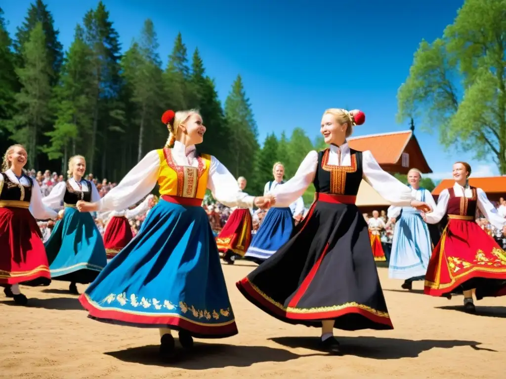 Grupo de bailarines finlandeses en el Festival de Folklore de Kaustinen, danzando al ritmo de la música folclórica en trajes tradicionales vibrantes