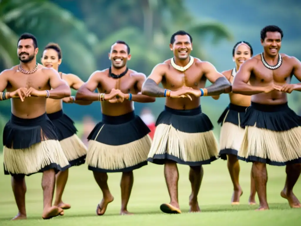 Grupo de bailarines fiyianos en trajes tradicionales, ejecutan la Danza del Lali de Fiyi con coordinación y gracia, rodeados de exuberante vegetación