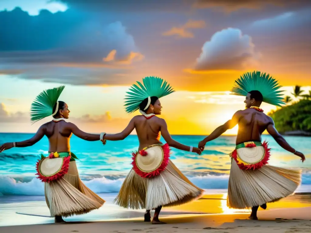 Grupo de bailarines fiyianos en trajes tradicionales, danzando al compás del mar al atardecer