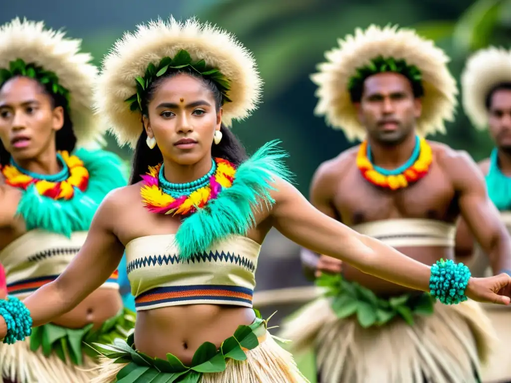 Grupo de bailarines fiyianos con vibrantes atuendos tradicionales realizando la danza del Lali, mostrando coordinación y destreza