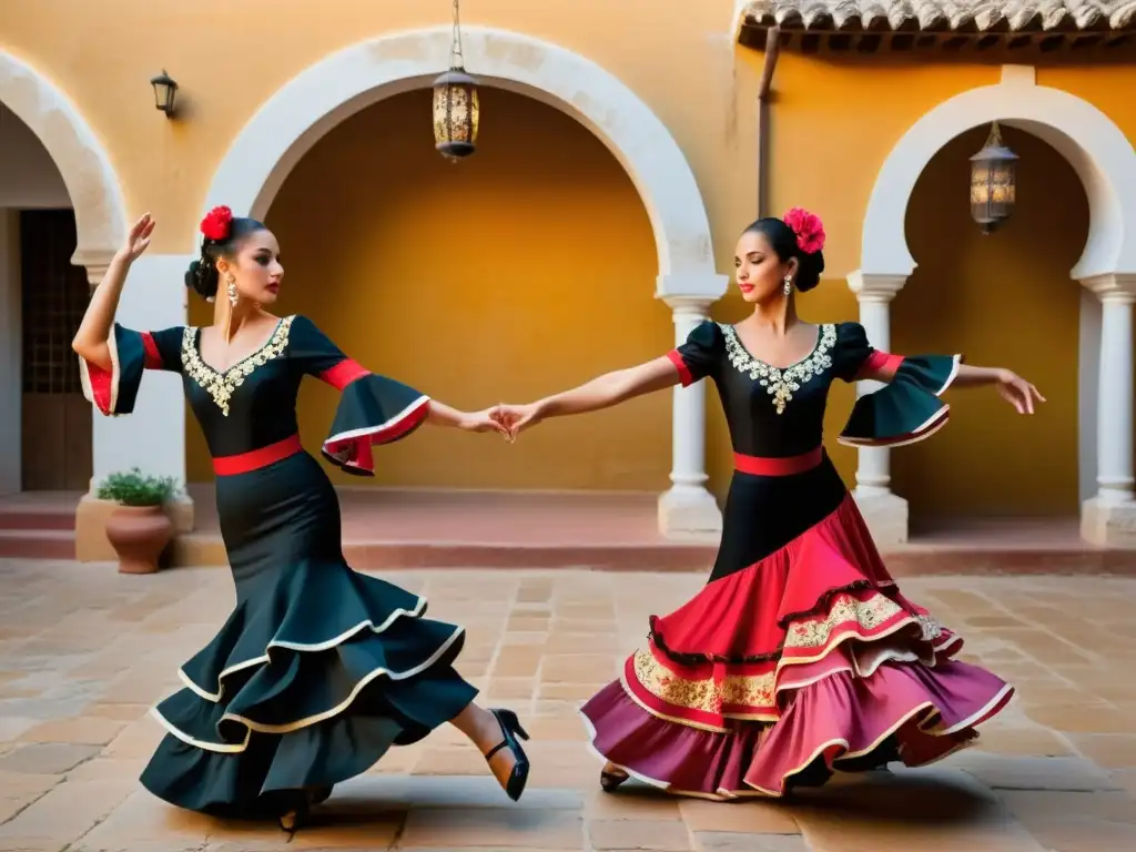 Grupo de bailarines de flamenco aficionados en un patio andaluz, vistiendo trajes vibrantes