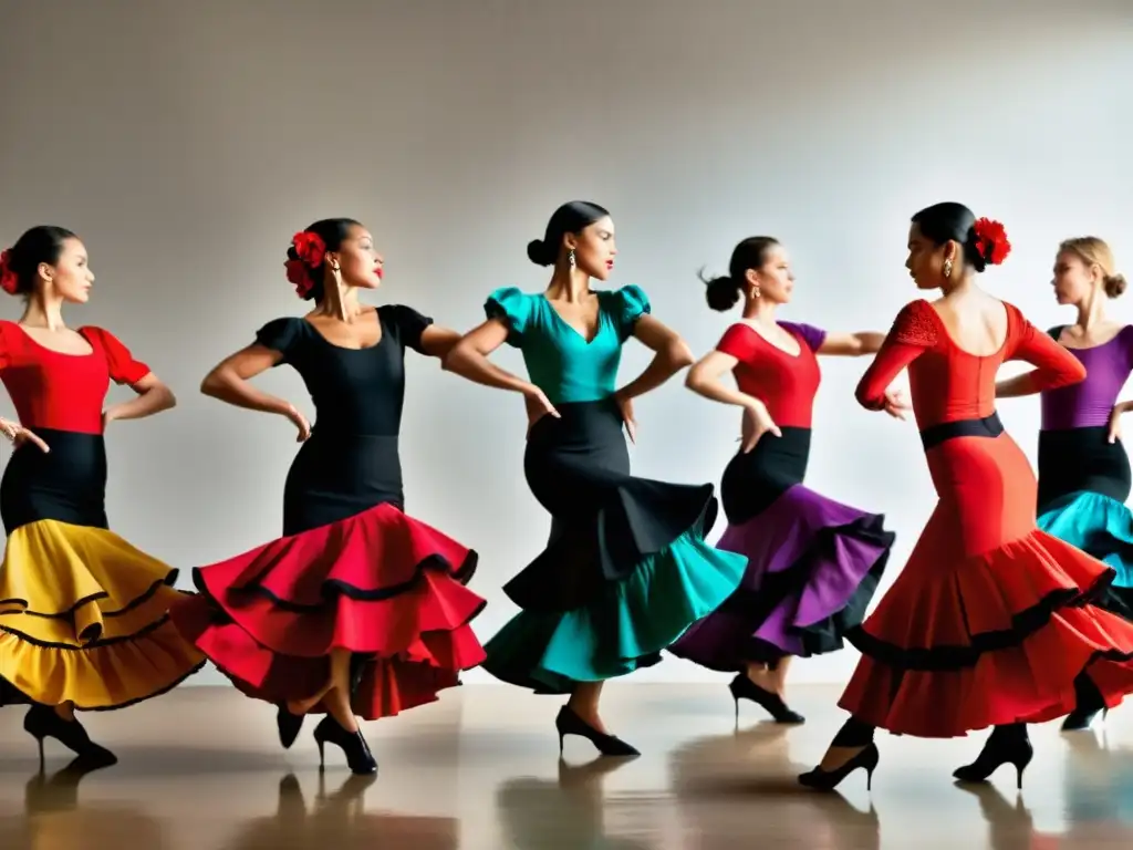 Grupo de bailarines de flamenco en un estudio, exudando pasión y energía en la revitalización de danzas tradicionales en festivales