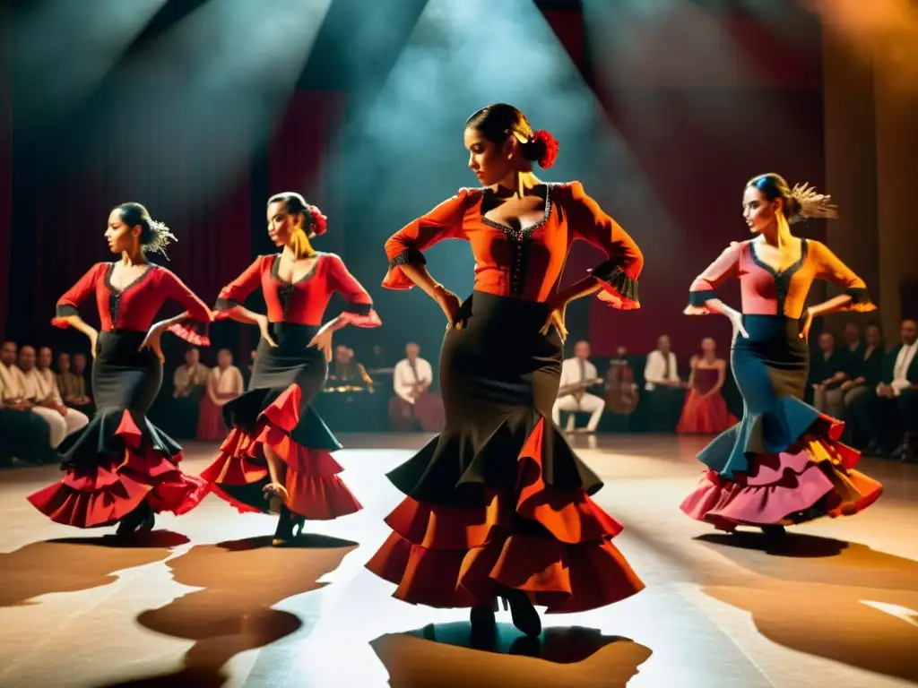 Grupo de bailarines de flamenco ejecutando el fandango andaluz, destacando su significado cultural y emotividad