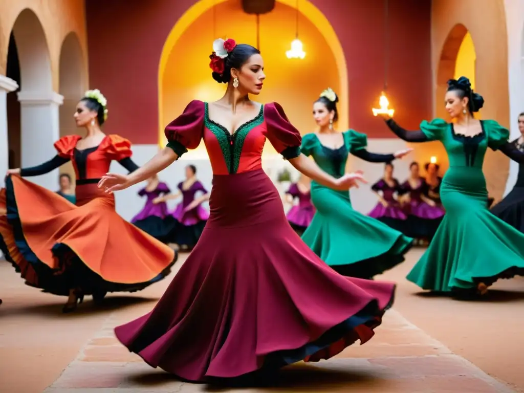 Grupo de bailarines de flamenco en un festival andaluz, rodeados de velas y aromas festivales danza