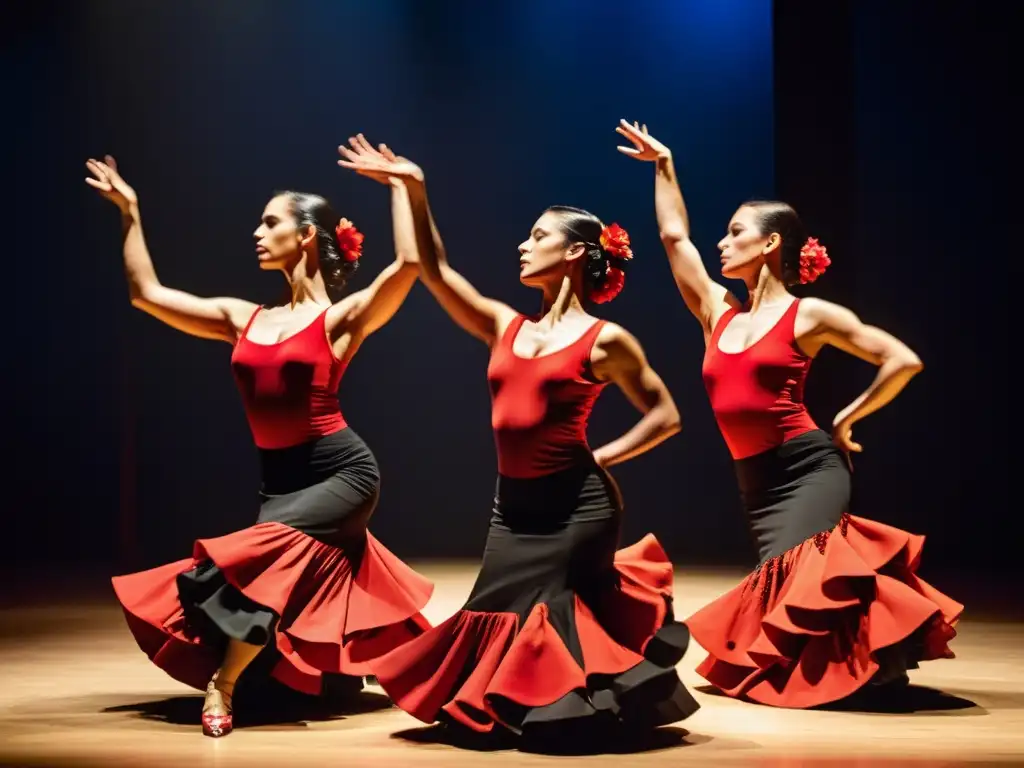 Grupo de bailarines de flamenco ejecutando una rutina impresionante, mostrando la flexibilidad y fuerza en sus isquiotibiales