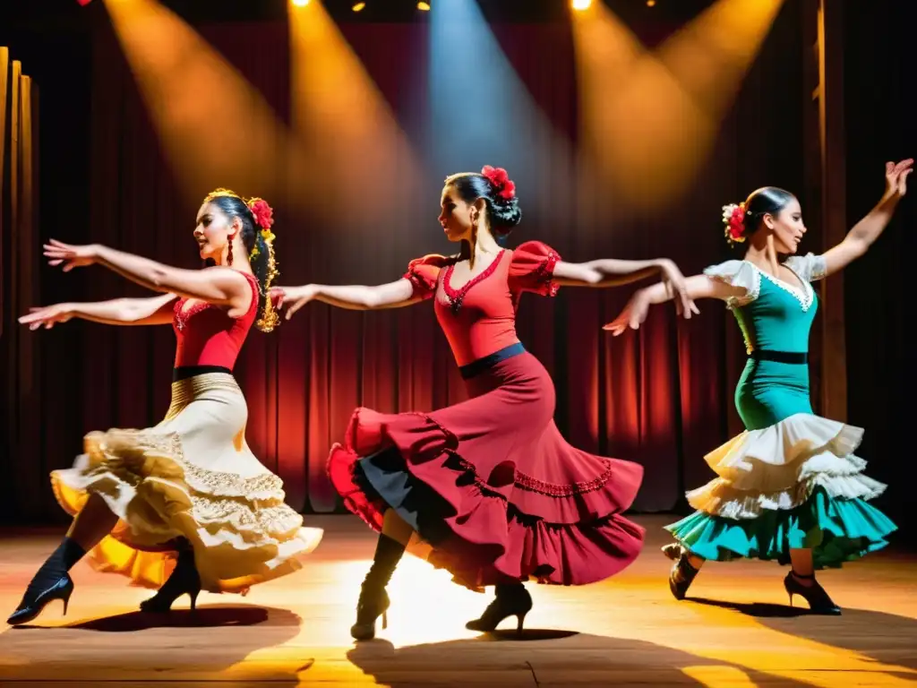 Grupo de bailarines de flamenco en trajes vibrantes, ejecutando el fandango andaluz con pasión y energía