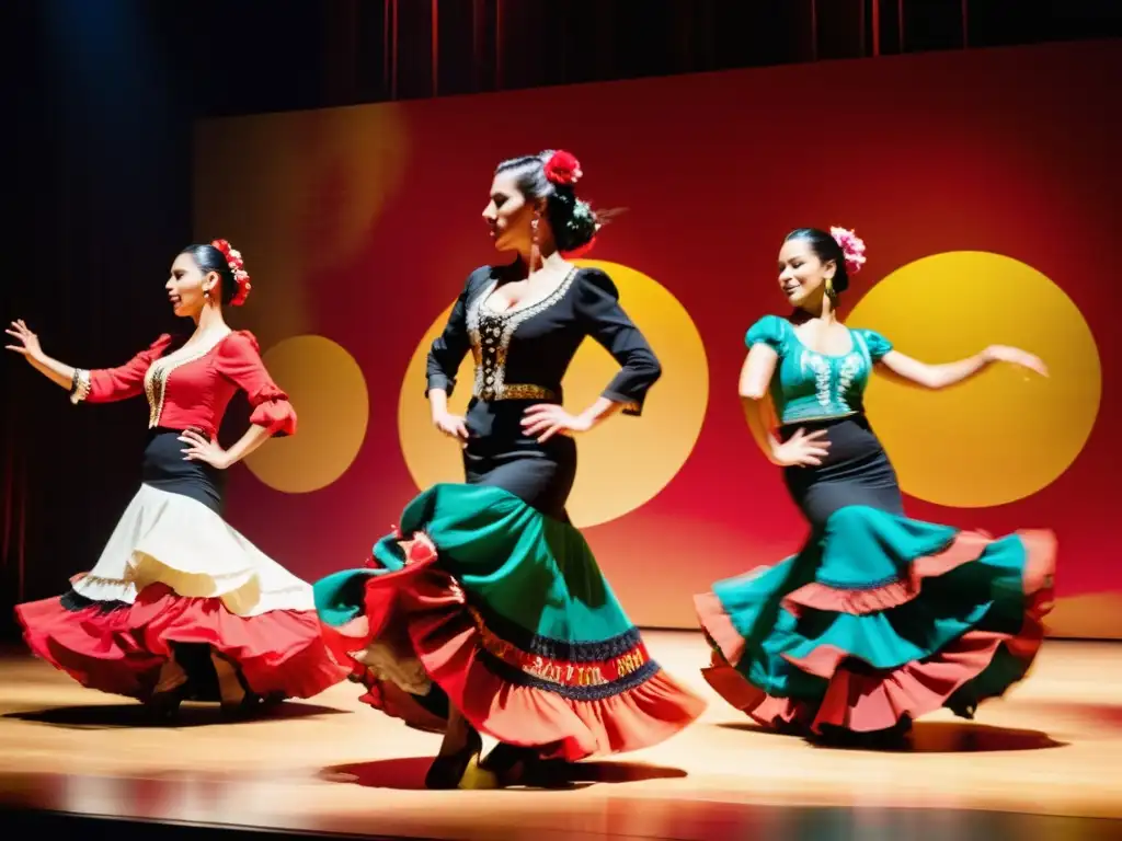 Grupo de bailarines de flamenco con trajes vibrantes en escenario