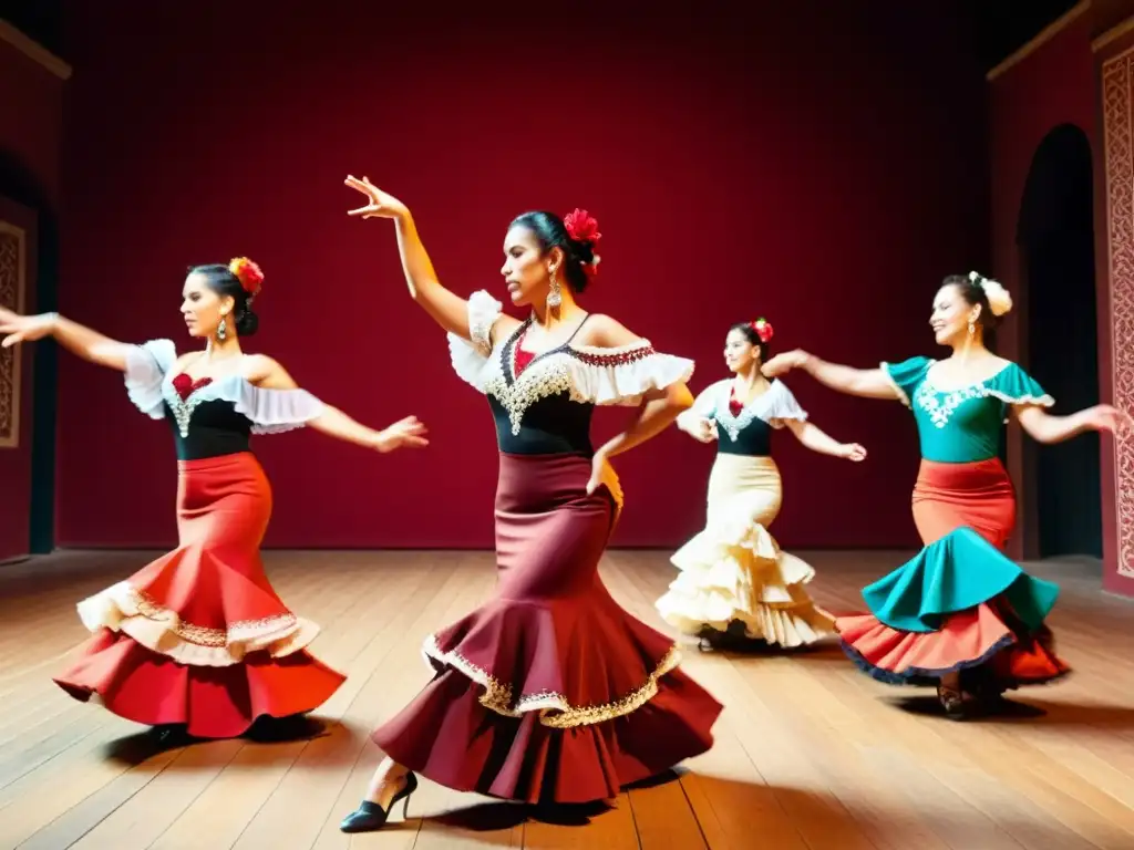 Un grupo de bailarines de flamenco en trajes vibrantes y multicolores, rodeados por las paredes rojas de un tablao español tradicional