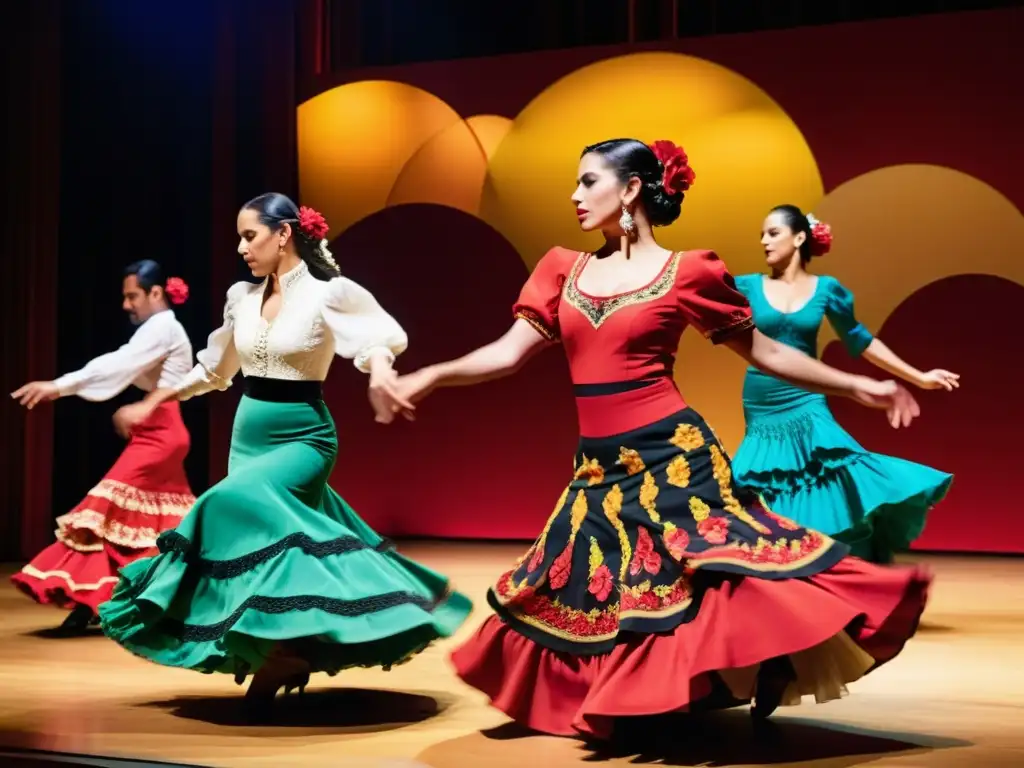 Grupo de bailarines de Flamenco en trajes vibrantes en el escenario, evocando el significado cultural de trajes de danza