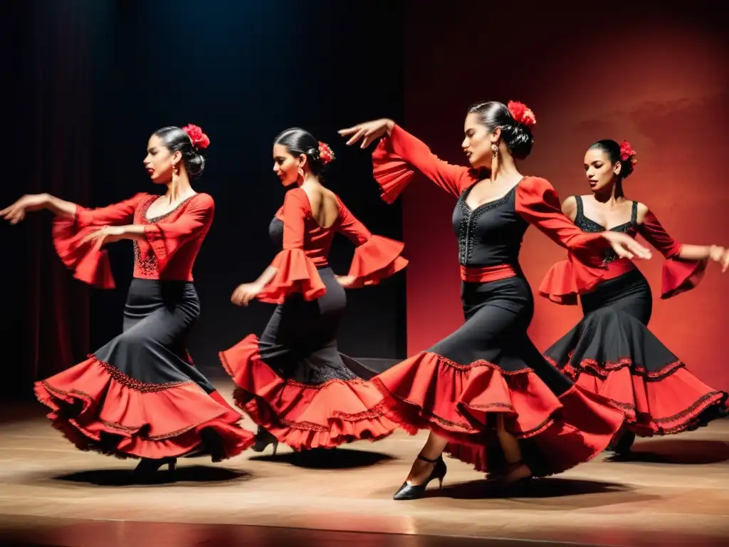 Un grupo de bailarines de flamenco en trajes tradicionales realizando una apasionante y compleja rutina en el escenario