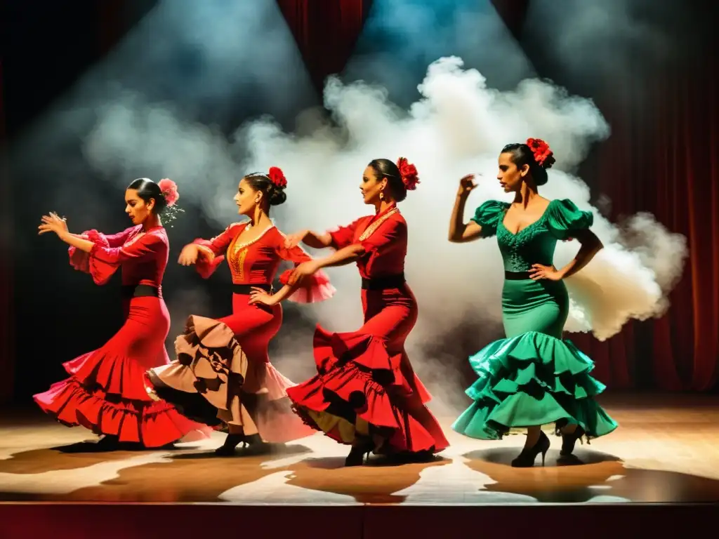 Grupo de bailarines de flamenco en trajes vibrantes, expresando el significado cultural del flamenco en Andalucía con pasión y energía en el escenario