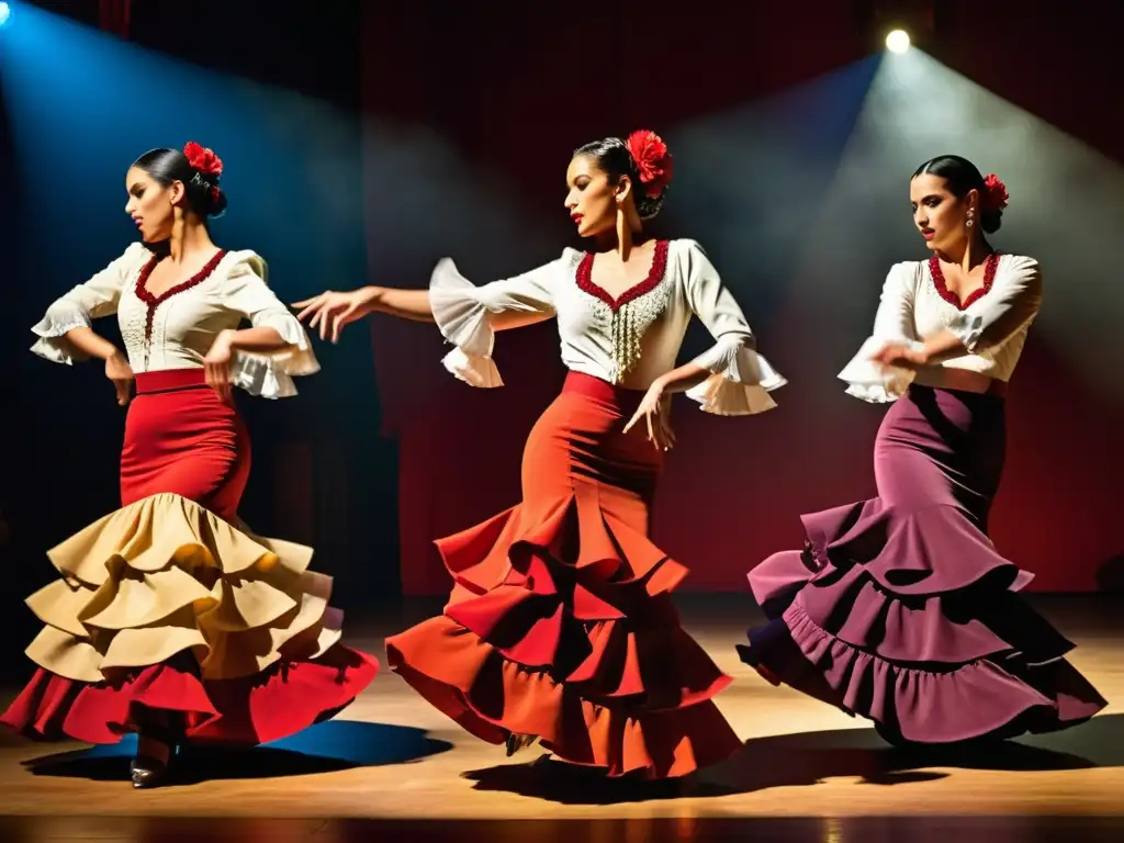 Grupo de bailarines de flamenco en trajes tradicionales andaluces, expresando la pasión y la gracia de la danza tradicional andaluza significado cultural