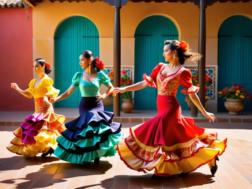 Un grupo de bailarines de flamenco con vestidos vibrantes en un patio español, expresando la pasión del baile