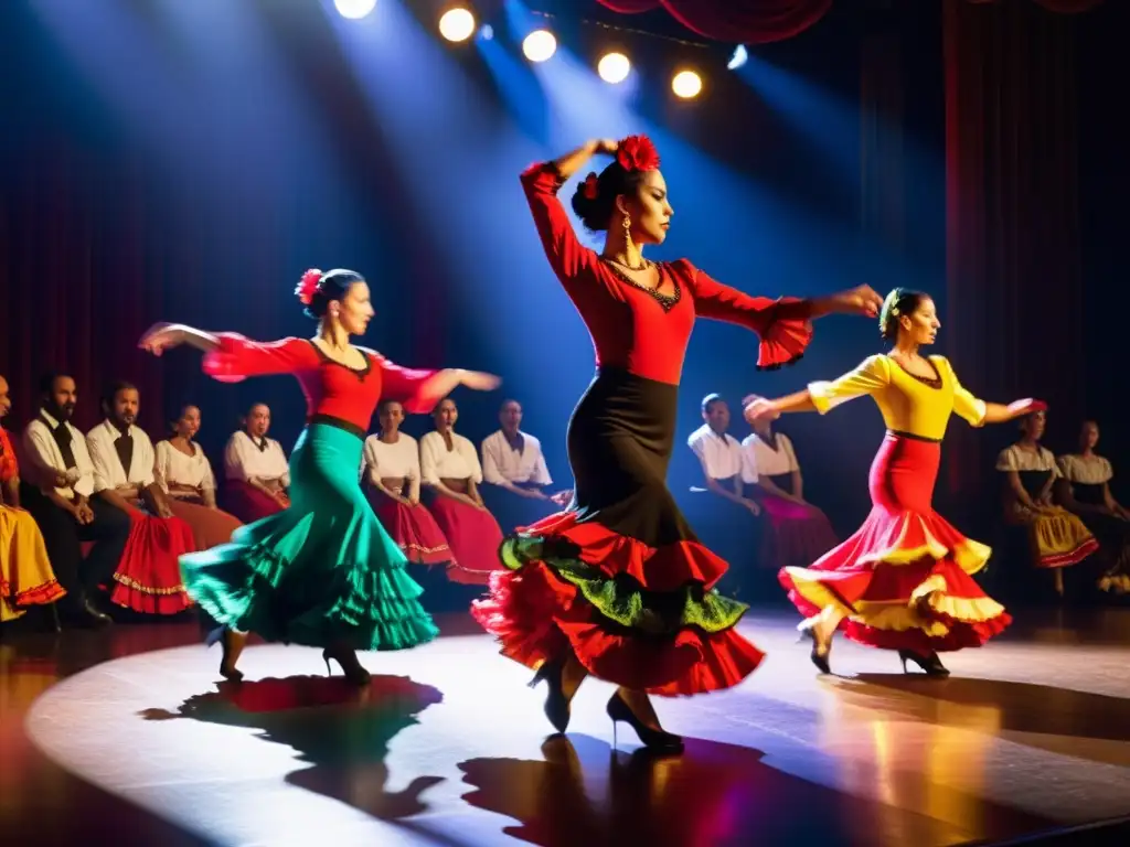 Grupo de bailarines de flamenco en vibrantes trajes, expresando pasión en el escenario