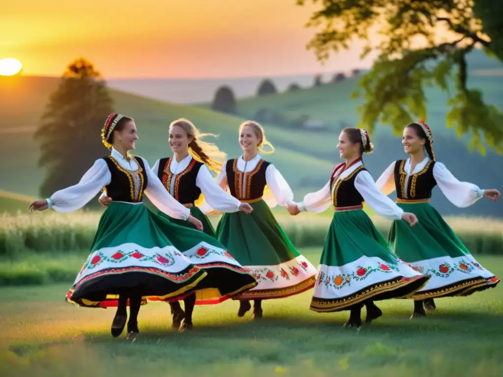 Un grupo de bailarines folclóricos de Europa del Este danzan con pasión y alegría en trajes vibrantes, bajo el cálido atardecer