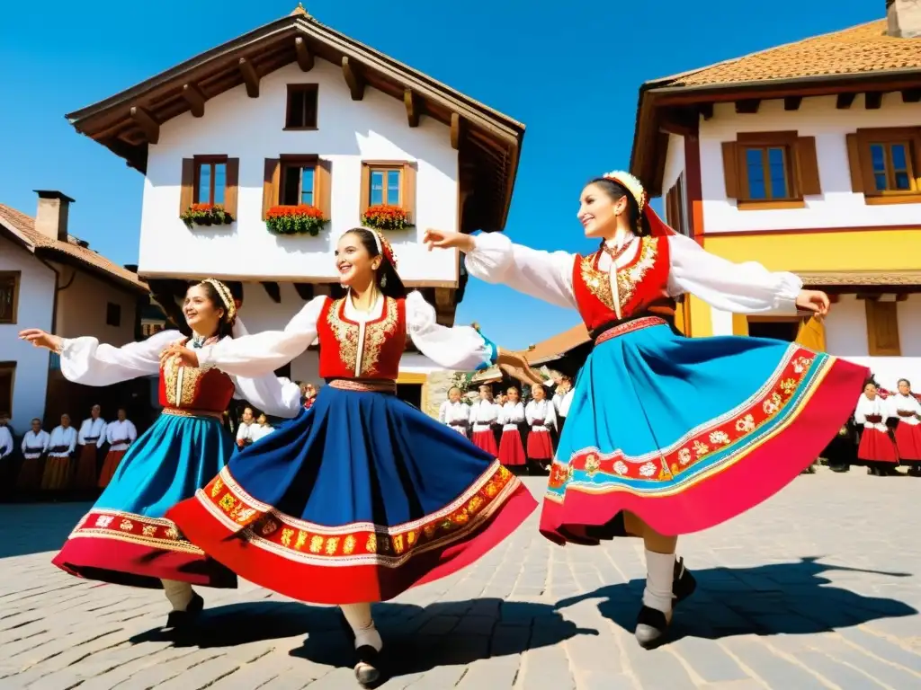 Un grupo de bailarines folclóricos búlgaros ejecuta una danza sincronizada en trajes tradicionales, en una plaza soleada