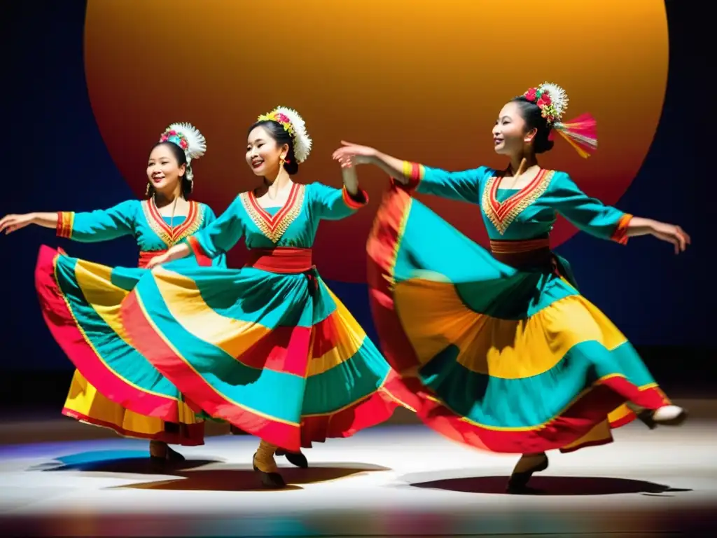 Grupo de bailarines folclóricos capturados en una actuación, mostrando la influencia de la danza contemporánea en bailes tradicionales