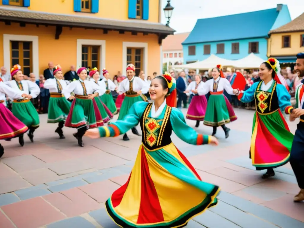 Un grupo de bailarines folclóricos en coloridos trajes, bailando en una plaza con espectadores aplaudiendo y grabando con sus teléfonos