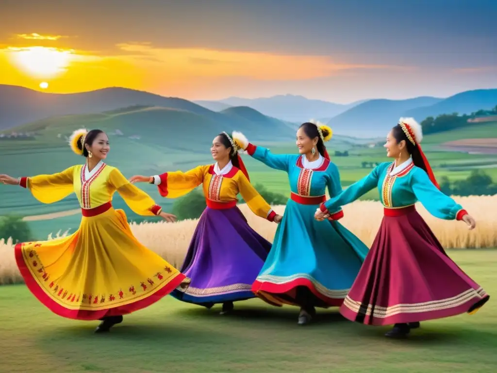 Grupo de bailarines folclóricos en coloridos trajes tradicionales danza al aire libre, transmitiendo la pasión y la belleza de la danza tradicional