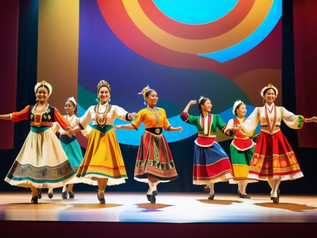 Grupo de bailarines folclóricos de diferentes culturas actuando juntos en un escenario vibrante bajo el sol